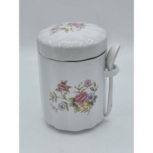 FTDA 1988 Ceramic White Floral‎ Lidded Canister & Spoon Set Vintage